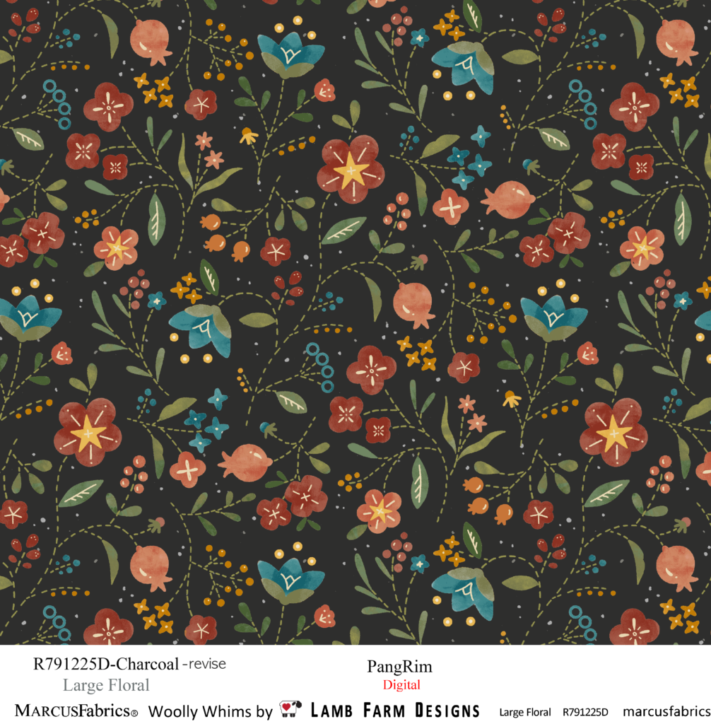 Hero print for Woolly Whims fabric Collection: Large flowing folk florals on a dark background. Warm colors: blues, reds, oranges, pinks, and greens.