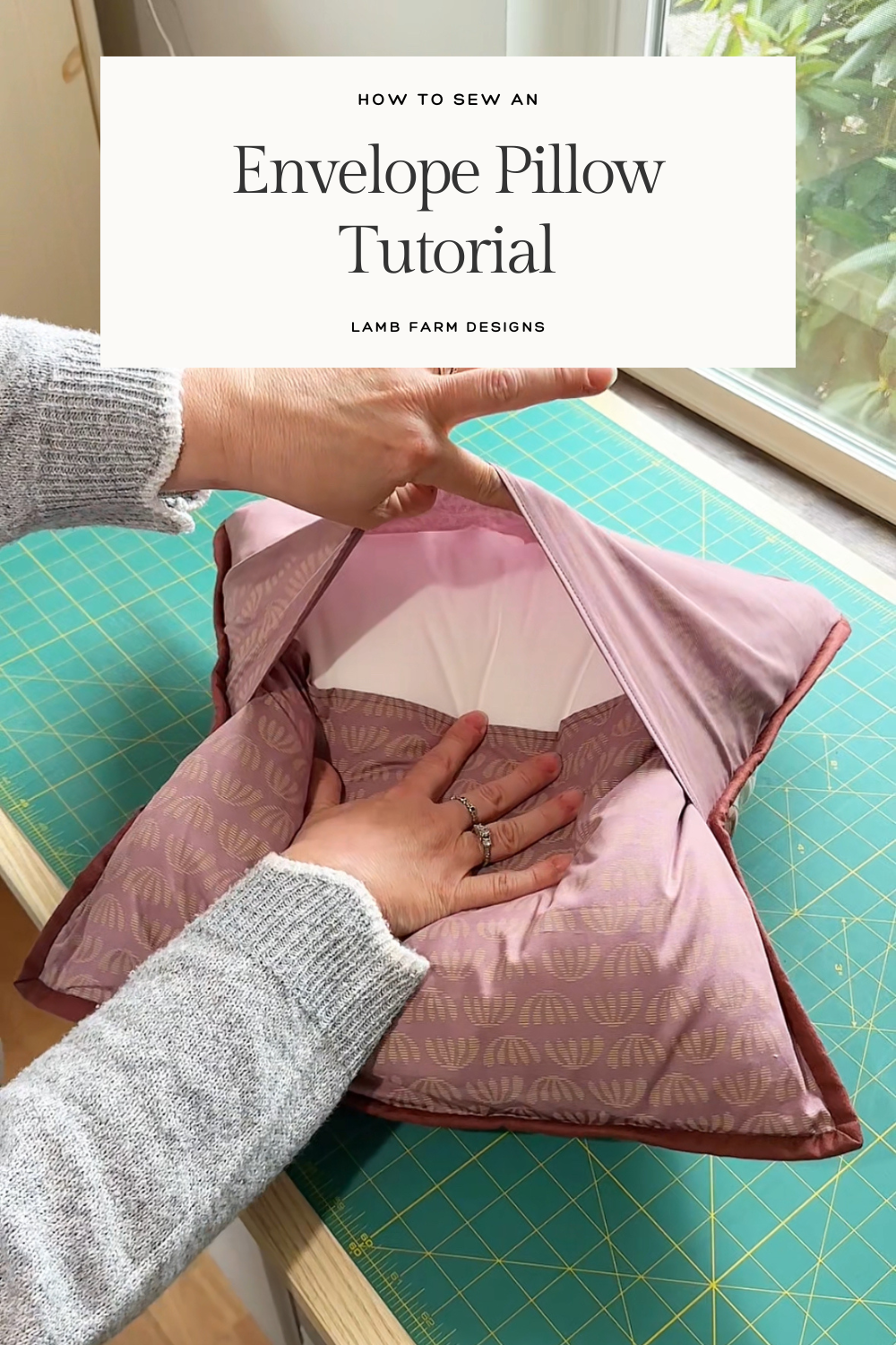 How to sew an envelope pillow back tutorial, by Lamb Farm Designs. Image features Sweet Wreath Quilt Pillow on large sitting chair.